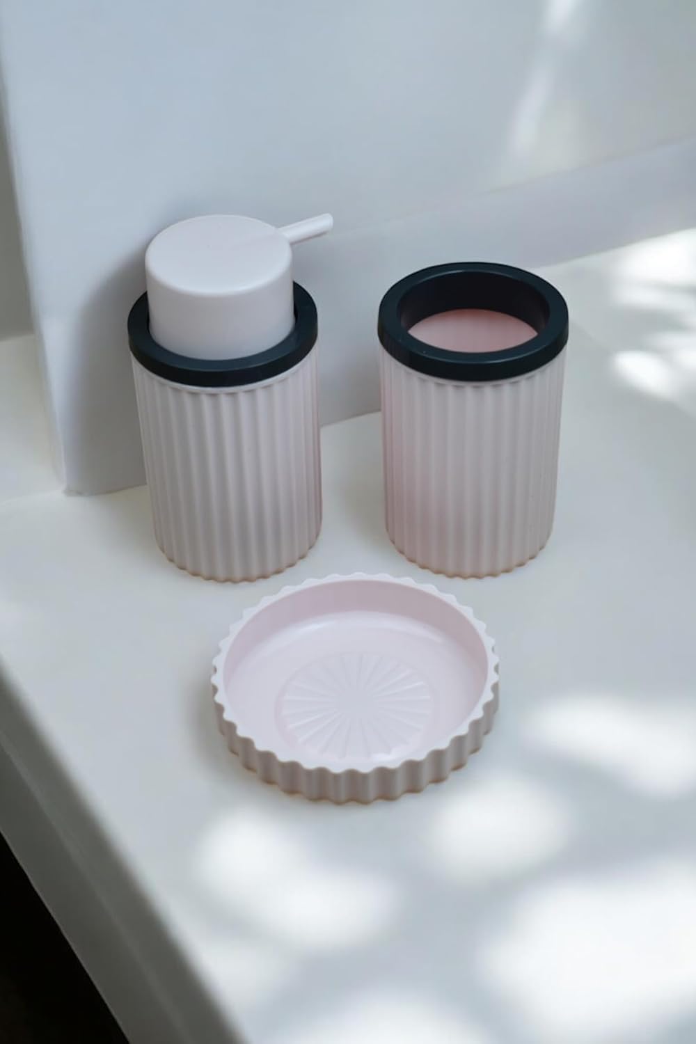 3 Parça Sert Plastik Banyo Seti/Sıvı Sabunluk, Diş Fırçalık ve Katı Sabunluk-Toz Pembe - Görsel 3