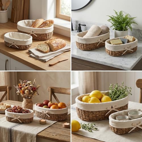 3'lü Hasır Oval Bezli Düzenleyici Sepet Seti - Çıkarılabilir Kumaş Astarlı Ekmek ve Sunum Sepeti - Banyo, Mutfak ve Bebek Odası İçin Çok Amaçlı Organizer (42x25 cm Büyük Boy) - Görsel 3