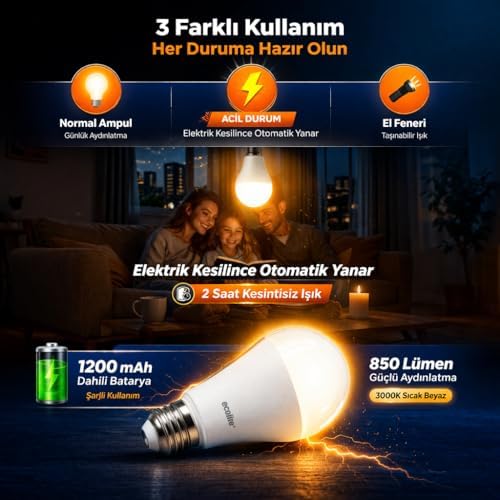 Şarjlı LED Acil Durum Ampulü 9W E27 (Sarı) - Görsel 3