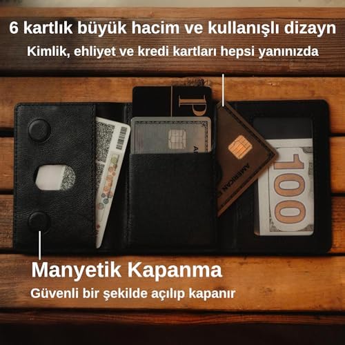 iPhone ile Uyumlu MagSafe özellikli Cüzdan Vegan Deri Güçlü Mıktanıs 6 Kart Hazneli Kartlık (Siyah)