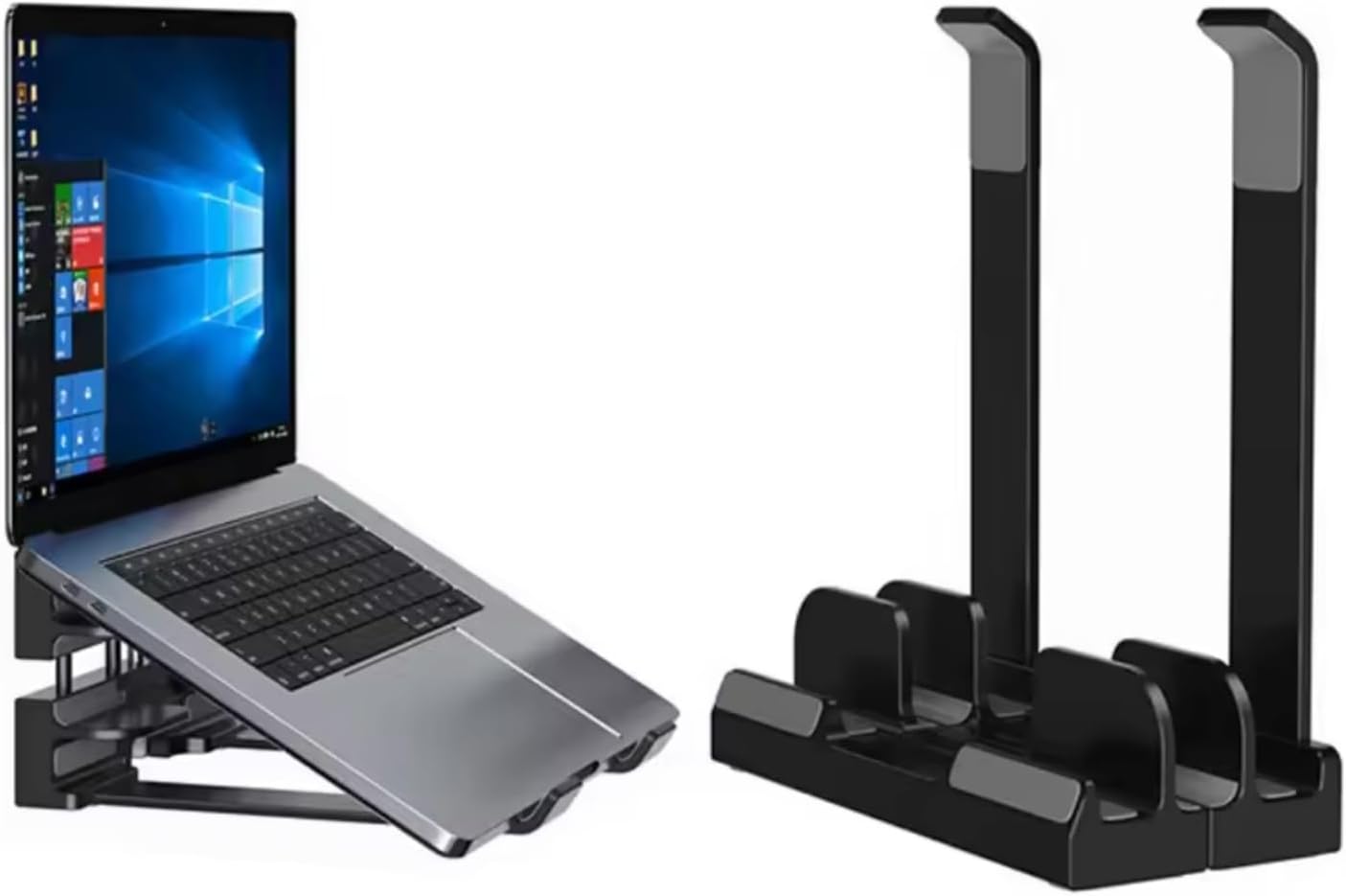 McStorey Laptop Stand Dikey ve Eğimli 3 Slotlu Ayarlanabilir Masaüstü Organizer Telefon Tablet Uyumlu Kaymaz Silikon Pedli Ergonomik Masa Düzenleyici PVC TPU Alaşım Siyah - Görsel 3