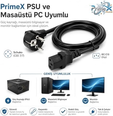Alternative view of PX-P418 1.5 Metre Lüks Power Kablosu, 3x1.5mm Kalın Full Bakır PSU Güç Kablosu, PC Power Supply Monitör Mining Sistemleri İçin Siyah Enerji Kablosu