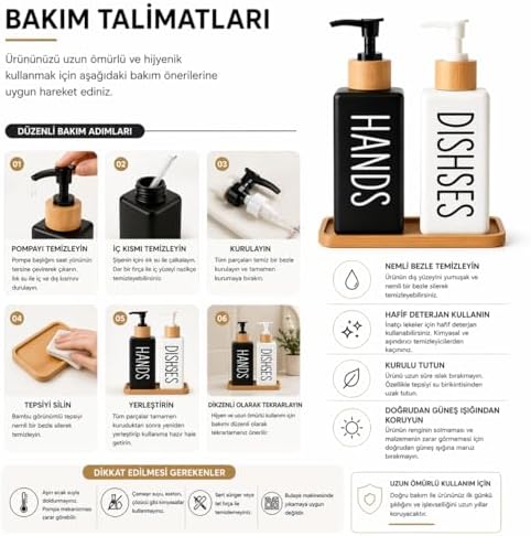 Alternative view of Minimalist Bambu Tepsili Siyah Beyaz Sabunluk ve Deterjan Dispenser Seti, Mutfak, Banyo ve Lavabo İçin Şık, Dayanıklı, Kaymaz Tabanlı, Geniş Ağızlı, Kolay Dolumlu Sıvı Sabunluk & Bulaşık Deterjan Şiş