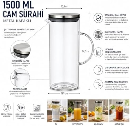 Alternative view of 1500 ML Cam Sürahi Metal Kapaklı Şeffaf Sürahi Dayanıklı Cam Gövde Ergonomik Sap Akıtmaz Ağız Tasarımı Soğuk İçecekler İçin Limonata Meyve Suyu Su Sürahisi Modern Mutfak Kullanımı