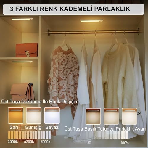 Sensörlü Alüminyum USB Şarjlı LED Gece Lambası, 3 Renk Kısılabilir, Mutfak Dolap Tezgah için (40 cm) - Görsel 3