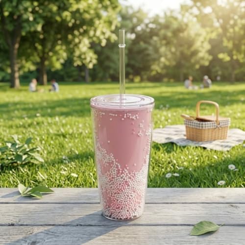 Pipetli Çift Katmanlı Soğuk İçecek Bardağı – Boncuklu Tasarımlı Kapaklı Pipetli Bardak 20 cm, Smoothie ve Soğuk İçecekler için Yeniden Kullanılabilir Bardak