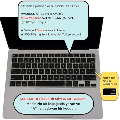 Türkçe Q Klavye Koruyucu MacBook Air 13 A2179 A2337 M1 Uyumlu | US ANSI Düz Enter | Ultra İnce Silikon Keyboard Cover Siyah - Görsel 2