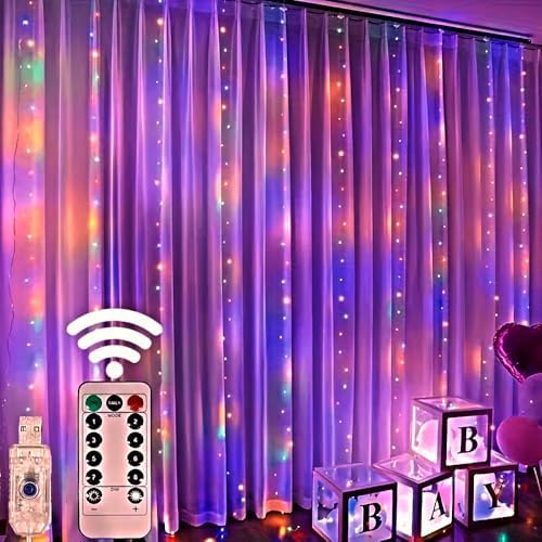 Senon Kumandalı Peri Tel LED Aydınlatma 300 LEDLİ Perde Işık 10 Saçaklı 3x3 Metre Dekoratif Duvar Işığı USB Kablolu (RGB Çok Renkli)