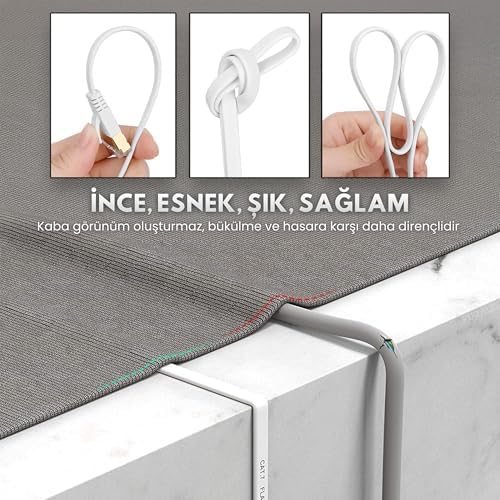 Alternative view of CAT7 Ethernet Kablosu (10 METRE) - 10Gbps’ye Kadar Veri Aktarımı - Fabrikasyon RJ45 Konnektörlü - Yassı Flat Tasarım - 600MHz - Beyaz