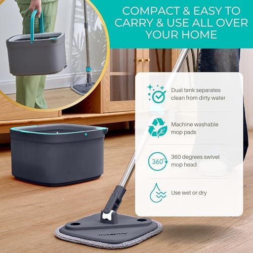 True & Tidy True Clean Paspas ve Kova Sistemi, Kare Döndürmeli Paspas, Çift Bölmeli Paspas Kovası ve 2 Kalın Makinede Yıkanabilir Paspas Pedleri (Spin Mop) içerir - Görsel 3