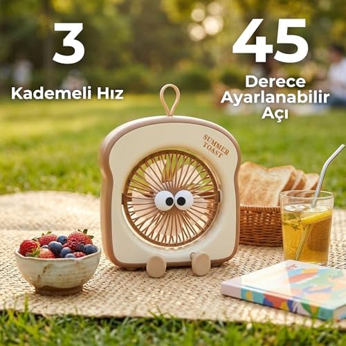 Alternative view of Asonic 3 Hız Kademeli Masaüstü Mini Fan - Sevimli Tost Ekmeği Tasarımlı Şarj Edilebilir Karikatür Vantilatör, Type-C Şarj Girişli, 45 Derece Ayarlanabilir Açılı Kişisel Masa Fanı