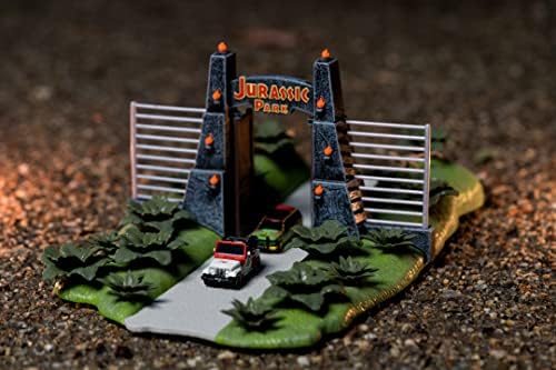 Jada Toys Jurassic World Nano Scene (17 x 18 cm) - Jurassic Park Gate ile oyun arka planı, 2 metal araba (Jeep Wrangler ve Ford Explorer) ve dinozor dekorasyonu, 6 yaşından büyük hayranlar ve çocuklar