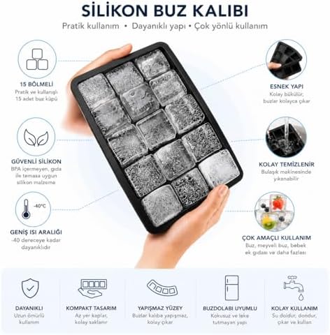 Alternative view of 2 Adet Kare Buz Kalıbı, 15 Bölmeli Çok Amaçlı Buz Küpü Kalıbı, Kolay Serbest Bırakma Özelliği, Kahve ve Ev Yapımı İçecekler için İdeal Dondurucu Kalıpları (2 Adet)