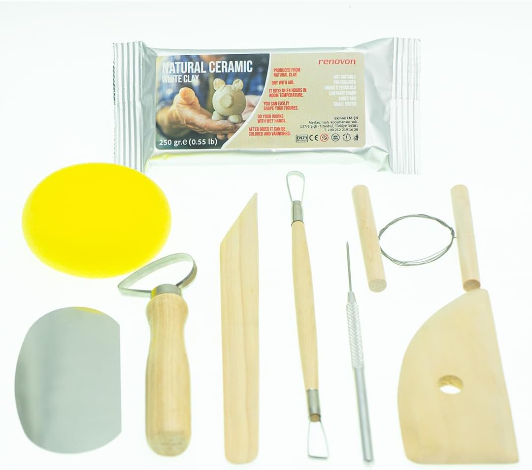 Ahşap Saplı Seramik ve Doğal Kil Hamuru Oyma Şekil Verme Alet Seti Yeni Başlayanlar İçin Ceramic Şekillendirme El Aleti Seti (Beyaz Kil/White Clay) Pottery Tool Kit