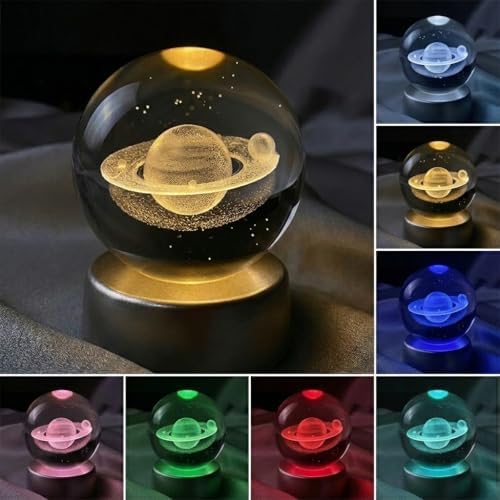 Senon Satürn Gezegen Kristal Cam Küre Renk Değiştiren LED Işıklı Gece Lambası Dekoratif Hediyelik