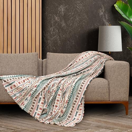 CONCEPT SoftMicro Boho Etnik Desenli Mikrofiber Koltuk Örtüsü ve TV Battaniyesi, Koltuk Şalı, Kaymaz Turkuaz 130x180 cm