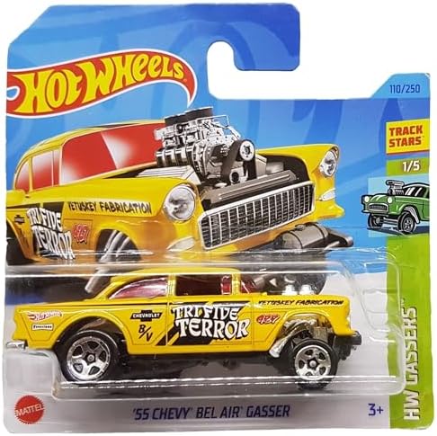 - ´55 Chevy Bel Air Gasser - HW Gassers 1/5 - HKH61 - Short Card - Track Stars - Firestone - GM - Mattel 2023 - 1:64 - Görsel 3