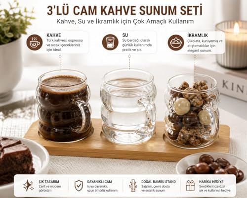 Alternative view of 3’lü Cam Kahve Bardağı Seti Bambu Standlı, Modern Tasarım Kulplu Şeffaf Cam Bardak, Türk Kahvesi Espresso Sunumluk İkramlık Seti, Dekoratif Servis Tepsili Kahve Sunum Seti