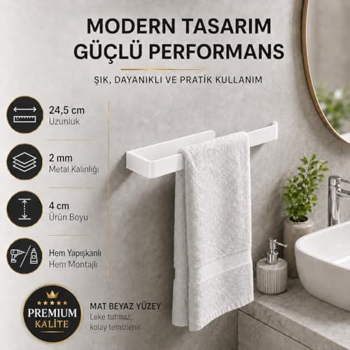 Alternative view of Beyaz Lamalı Havlu Askısı, Paslanmaz Çelik Banyo Havluluğu, Hem Yapışkanlı Hem Vidalı Montajlı, Duvar Tipi Modern Havlu Barı