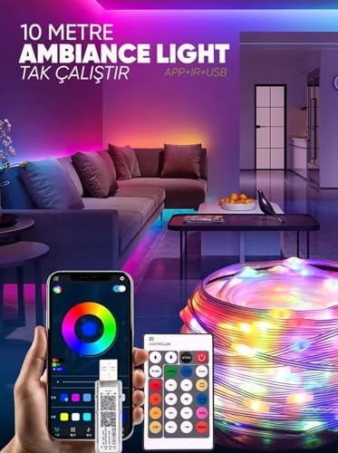 Amber LED Pixel Rgb Magic Peri ışık - 5v Usb Girişli, Bluetooth Uygulamalı, Uzaktan Kumandalı, Müziğe Duyarlı, Suya Dayanıklı, Parti, Yılbaşı, Doğum Günü, Eğlence için (10 Metre)