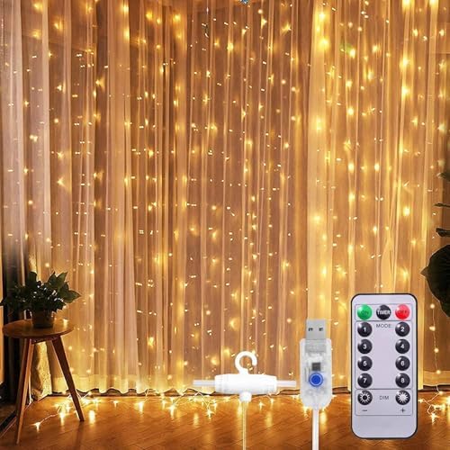 Alternative view of Led Işık 5 Metre Sarı Işık Kornişe Takılabilir Aydınlatma – USB Girişli, Bakır Telli, 10 Halkalı Tasarım, Perde Asma Aparatlı ve Uzaktan Kumandalı Dekoratif Işık Zinciri