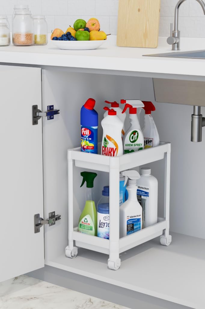 Mithra Life 2 Katlı Tekerlekli Tezgah Altı Beyaz Banyo Mutfak Rafı MIT1119 - Görsel 3