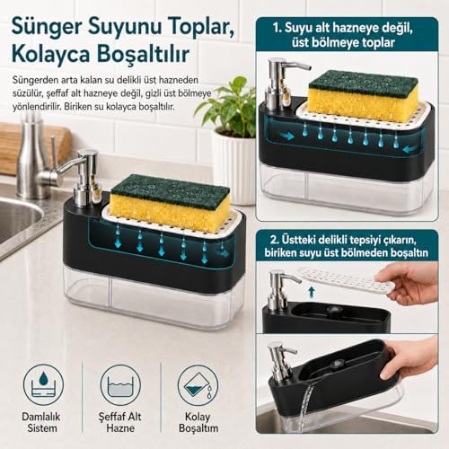 Alternative view of Sünger Hazneli Basmalı İkisi Bir Arada Otomatik Tezgah Üstü El ve Bulaşık Yıkama Düzenleyici Organizer Banyo Mutfak İçin Duo Sıvı Sabunluk (Siyah)