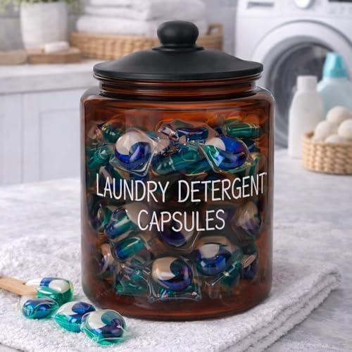 3,8 L Cam Deterjanlık Kavanoz – Amber Renk, Kapaklı “LAUNDRY DETERGENT CAPSULES” Saklama Kabı, Çamaşır Deterjan Kapsülü ve Pod Düzenleyici