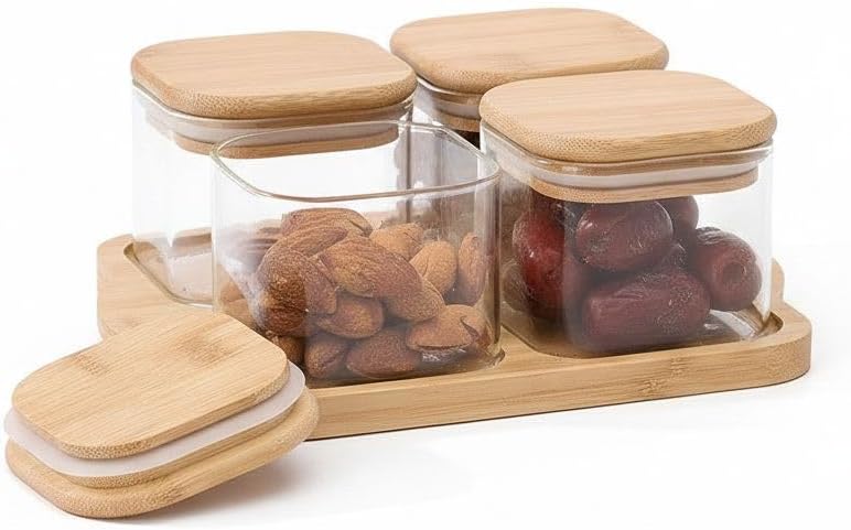 Bambu Kapaklı Cam Kahvaltılık Seti | Ahşap Standlı | Şık Tezgah Üstü Baharat ve Kuruyemiş Düzenleyici Kavanoz (Bambu, 4'lü Set) - Görsel 3