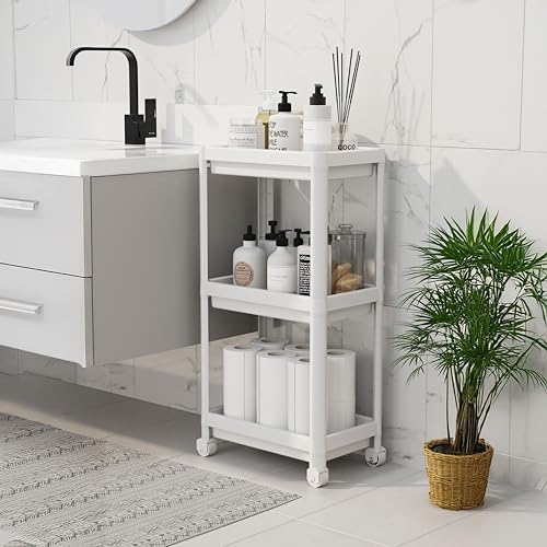Peggy 3 Katlı Tekerlekli Raf Ünitesi - 36x71x23 cm Dar Alan Düzenleyici - Mutfak ve Banyo İçin Aletsiz Kurulum Servis Arabası (Beyaz - Siyah - Gri) (BEYAZ)