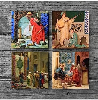 Satranç Oyunu, Kaplumbağa Terbiyecisi, İki Müzisyen Kız, Göreme Halı Tüccarı Taş Bardak Altlığı Seti - 4 Parça - Dekoratif, Rustik Mutfak Aksesuarı, 10x10 cm, Kaydırmaz Tabanlı SC141 - Görsel 3