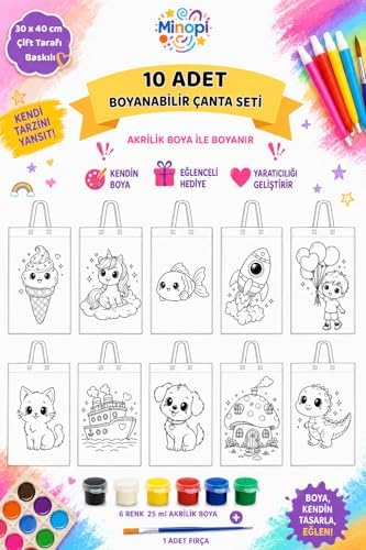 10 Adet Boyanabilir Bez Çanta Seti 30x40 cm – 6 Renk Akrilik Boya ve Fırça Dahil - Görsel 3