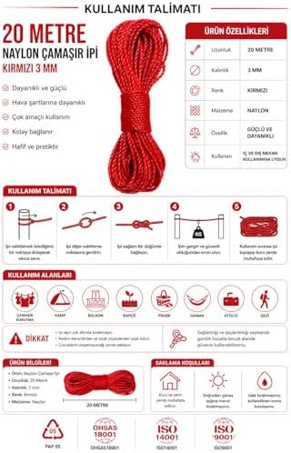 20 Metre Kırmızı Naylon İp 3 mm, Çok Amaçlı Dayanıklı Çamaşır İpi, Kamp Bahçe Balkon Hamak ve Taşıma Sabitleme İpi, Dayanıklı Çamaşır İpi Kalın, Asma İpi Güçlü Halat İp, Sağlam İp, Kaliteli