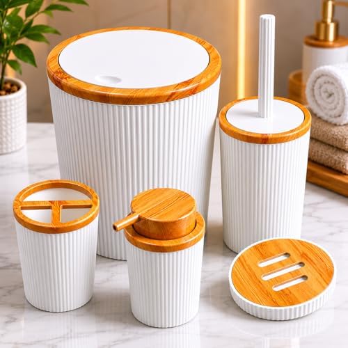 Beyaz Bambu Desenli 5 Parça Banyo Seti, Çöp Kovası, WC Fırçalık, Sıvı Sabunluk, Diş Fırçalık ve Sabunluk - Görsel 2