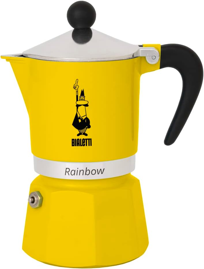 - Rainbow: 6 Cups Ocak Üstü Espresso Pişirici - 250ml - Sarı Renk - Alüminyum Gövde - Patentli Güvenlik Valfi - Tüm Ocak Türleri İçin Uygundur (İndüksiyon Hariç)