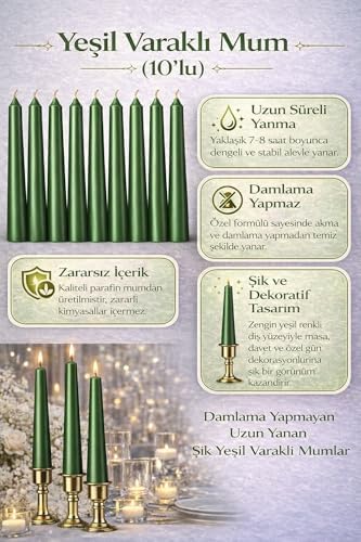 Alternative view of Yeşil Renk İnce Şamdan Mum Seti, 25 Cm Uzunluk, 10’lu Paket, Dekoratif Taper (Dilek) Mum, Şık Masa, Davet ve Özel Gün Dekorasyonu İçin