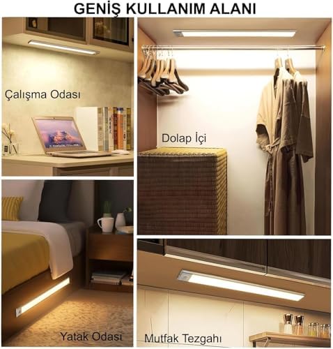 Sensörlü Alüminyum USB Şarjlı LED Gece Lambası, 3 Renk Kısılabilir, Mutfak Dolap Tezgah için (40 cm)