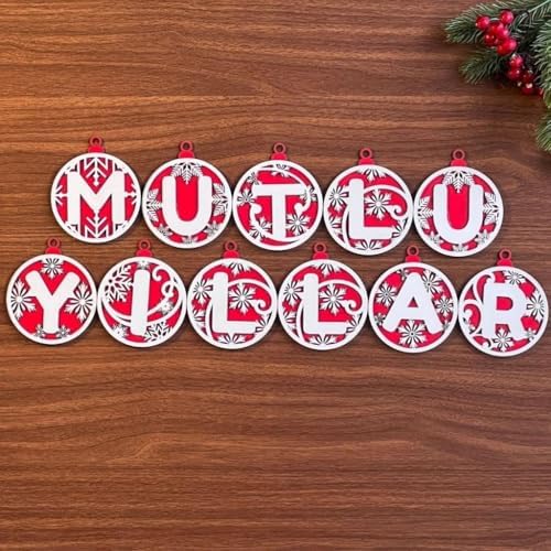 Mutlu Yıllar Yazılı Ahşap Yılbaşı Ağaç Süsü - Kırmızı Beyaz İpli, PRA-11857399-3958
