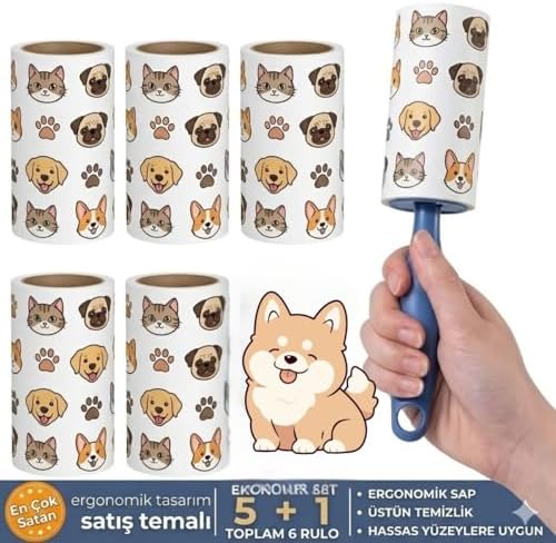 Tüy Toplayıcı Roller Seti, 6 Rulo, Kedi ve Köpek Tüyü Temizleyici, Ergonomik Sap, Hassas Yüzeylere Uygun