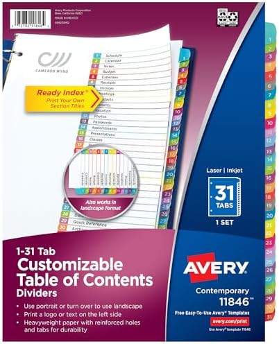 3 Halka Bağlayıcı için 1-31 Tab Bölücüler, Özelleştirilebilir İçindekiler, Çok Renkli Sekmeler, 1 Set, 12 Paket (11846)