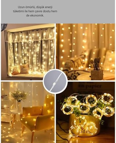 3x3 Metre Perde Led Işık, 300 Ledli 10 Sarkıtlı Dekoratif Peri Led, Uzaktan Kumandalı ve 8 Fonksiyonlu, USB Girişli Günışığı (Sarı) Duvar ve Perde Aydınlatması