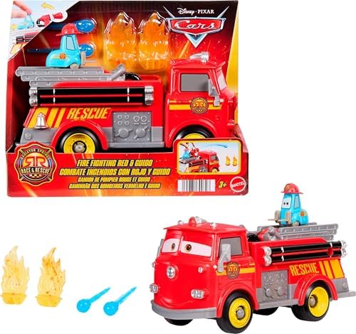 Mattel ve Pixar Cars oyuncak itfaiye aracı, Radyatör Kasabası Hızlı Kahramanlar İtfaiyeci Red ve Guido, 2 plastik alev hedefi ve 2 su fışkırtıcı, JFL54 - Görsel 3