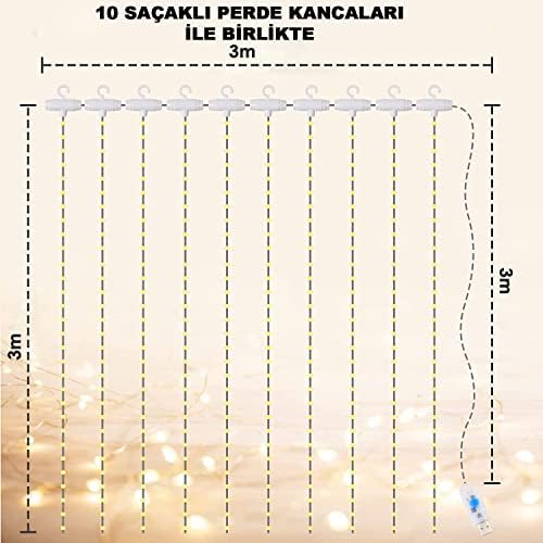 3x3 Metre Peri Led Kumandalı Perde Asma Kancalı Peri Led Yılbaşı Led Gün Işığı Led Işık 8 Modlu Parti Işığı Dekoratif Işık Led Saçak Led Işık Perde Led Yılbaşı Dekorasyon - Görsel 3