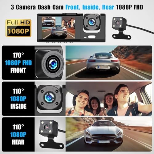 H309 Full Hd 1080P Üç Kameralı Araç Içi Kamera Araba Güvenlik Kamerası Gece Görüşü Ön Geri iç Kayıt IR LED - Görsel 3