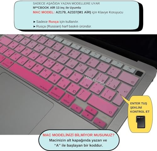 Rusça Klavye Koruyucu MacBook Air 13 A1932 A2179 A2337 M1 Uyumlu | UK ISO Ters L Enter | Rusça Baskılı Silikon Keyboard Cover Pembe