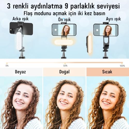 Infomax LED Işıklı Selfie Çubuğu & Tripod – 111 cm Uzatılabilir, 360° Döner Telefon Tutucu, Çıkarılabilir Bluetooth Kumanda, 3 Renk Modu & 9 Parlaklık Seviyesi, Apple ve Android ile Uyumlu - Görsel 3
