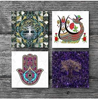 Alternative view of Hayat Ağacı, Fatma Ana Eli (Hamsa), Şahmeran Taş Bardak Altlığı Seti - 4 Parça - Dekoratif, Rustik Mutfak Aksesuarı, 10x10 cm, Kaydırmaz Tabanlı, Şık ve Dayanıklı SC489