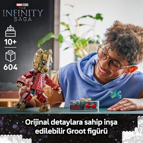 Yağmacı Tulumlu Groot 76341-10 Yaş ve Üzeri Çocuklar için 3 Minifigürü, 2 Mermi Atıcı, 4 Eklemli Dokunaç ve 2 Askı İçeren Yaratıcı Oyuncak Yapım Seti, Hediye Fikri (604 Parça)