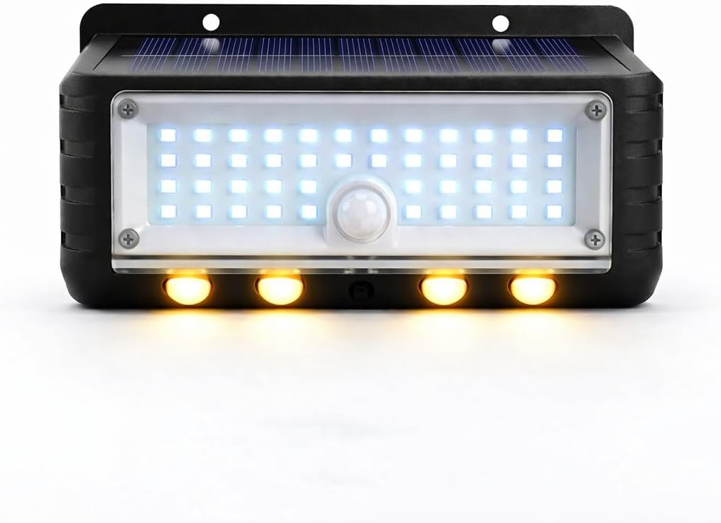 Panter Solar Hareket Sensörlü LED Duvar Lambası 3W 44 SMD Beyaz + 4 Gün Işığı LED, 300 Lümen, IP65 Su Geçirmez, 3 Modlu Güneş Enerjili Aplik, Balkon ve Bahçe Aydınlatması
