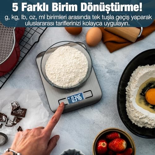 Dijital Mutfak Terazisi - Paslanmaz Çelik Yüzeyli Hassas Mutfak Tartısı - Dara İşlevi, LED Ekran, 5 Birim Dönüştürme ve Otomatik Kapanma Özellikli - 5 kg Tartı Kapasitesi - Görsel 3